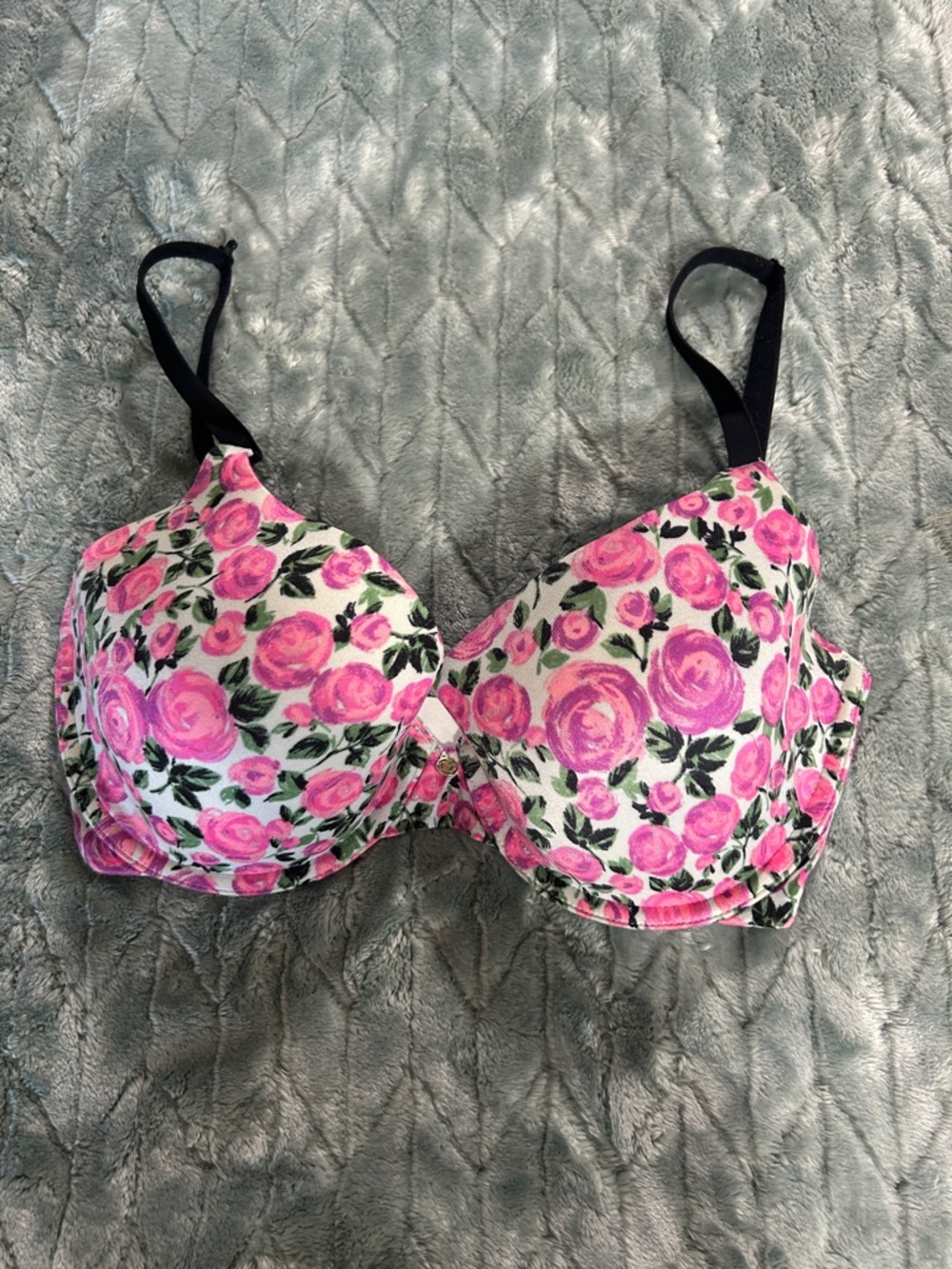 Betsey Johnson Pink Rose Print Underwire Bra with Black Straps